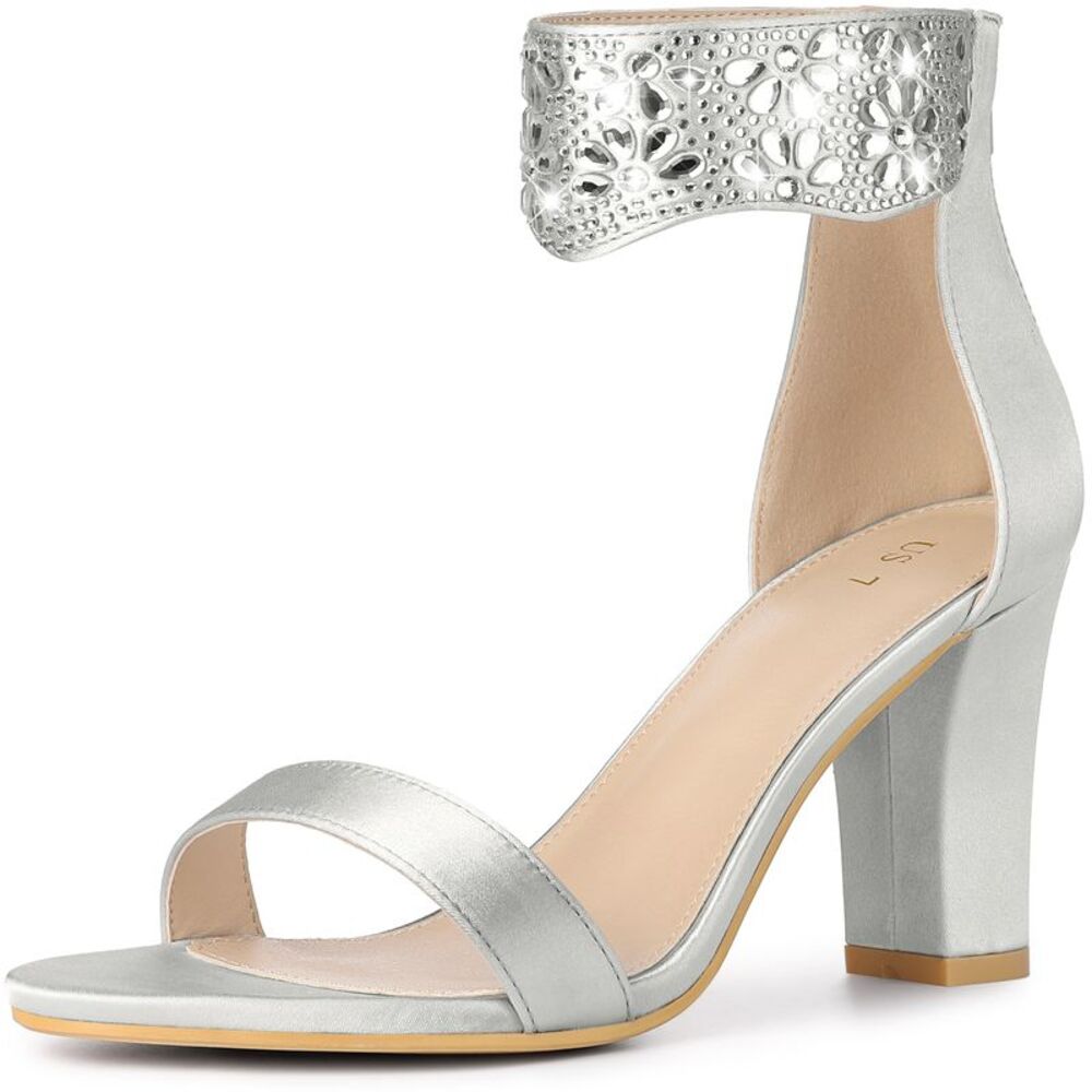 Women's Rhinestone Diamond Decor Crystal Ankle Strap Chunky Heel Sandals Silver